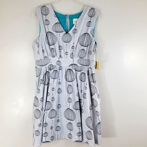 OAK light blue balloon globe printed sleeveless fit flare cotton blend dress NEW